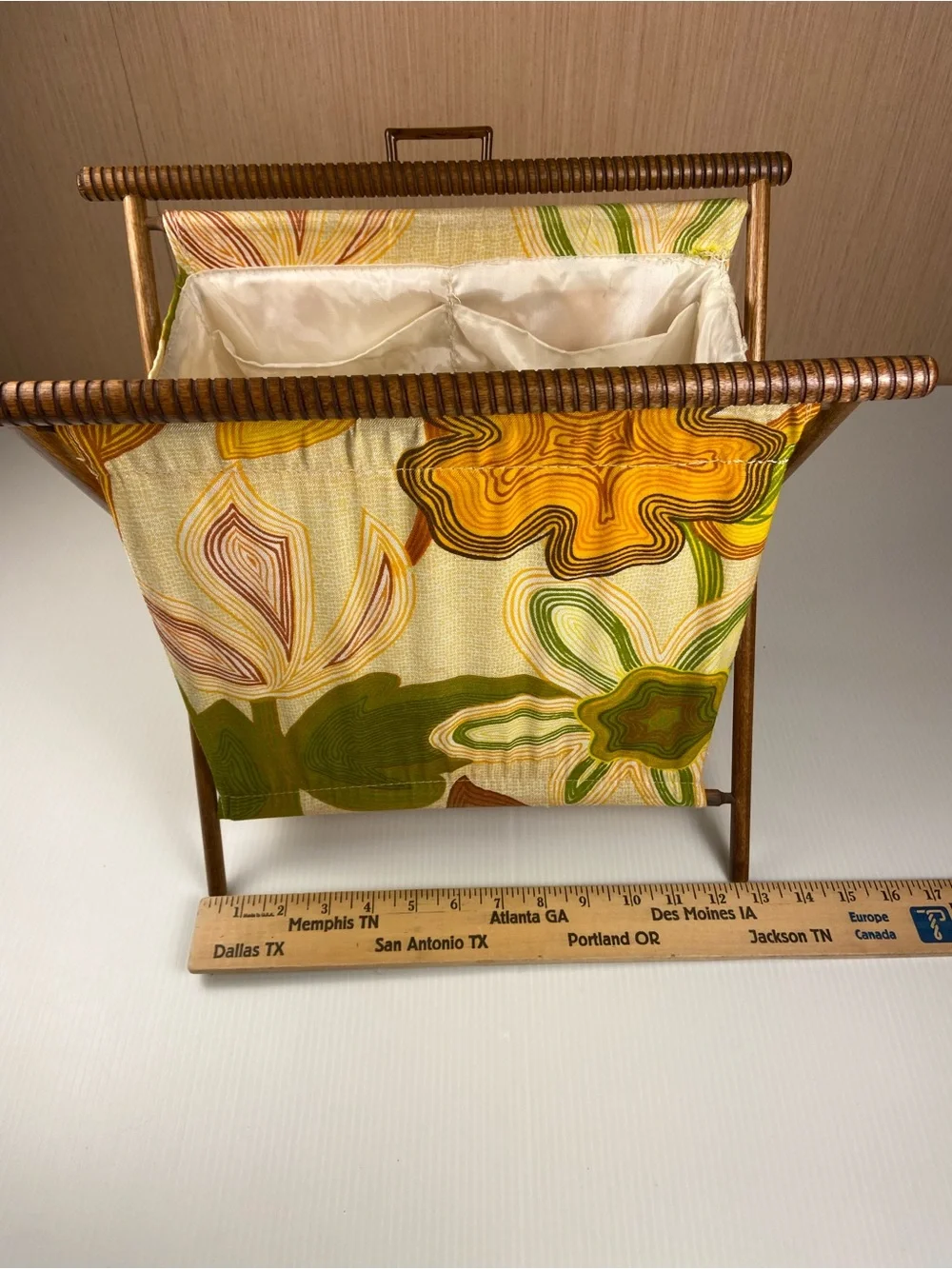 Vintage MCM Folding Magazine Rack Knitting Sewing Basket Mod Floral Wood Stand